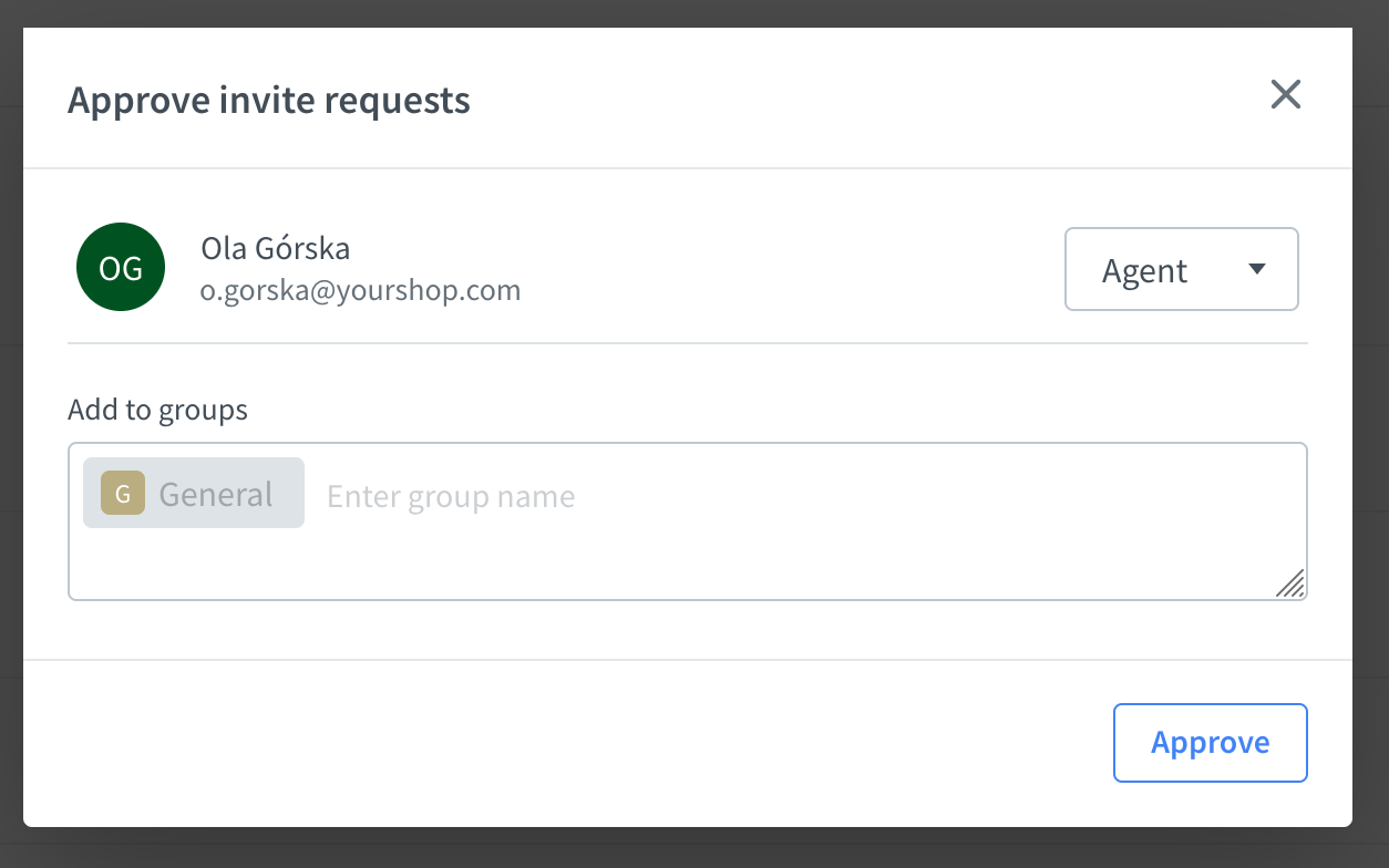 The image shows the modal where the Owner can approve a new agent.